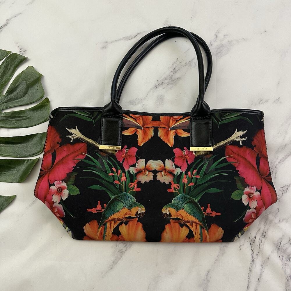 Ted Baker Nia Shoulder Bag Tote Purse Black Pink Tropical Floral Parrot Neoprene